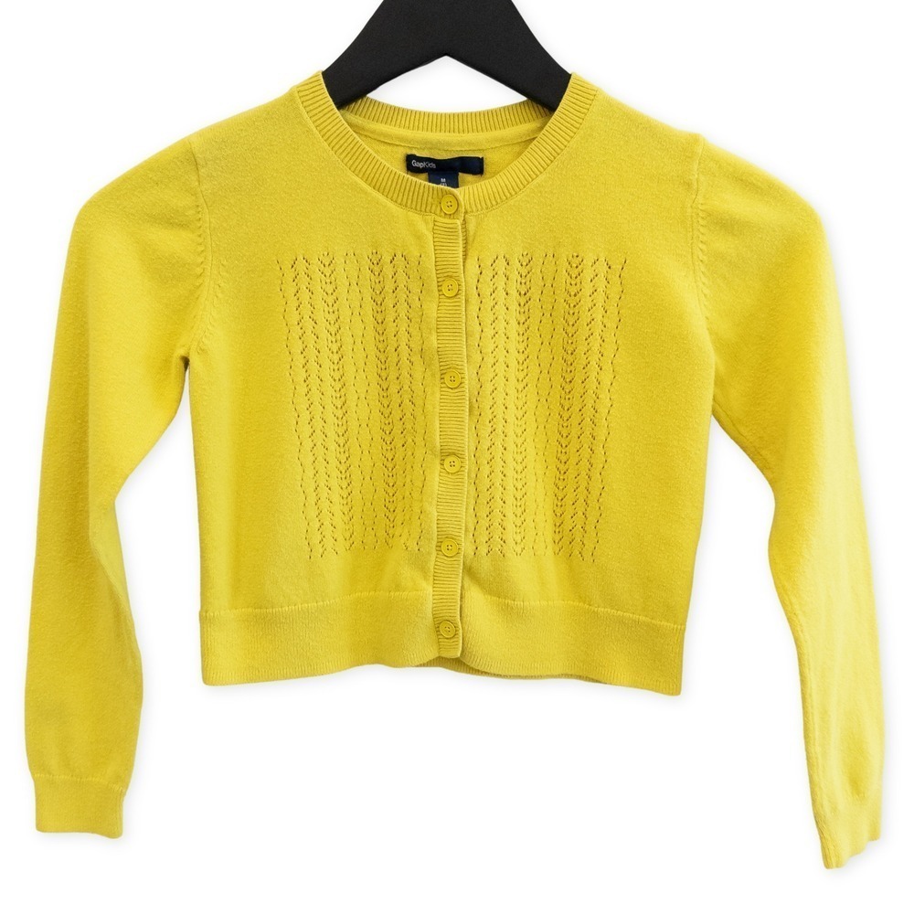Gap Kids Cardigan Sweater Girls M Yellow Button Front Cropped Preppy‎ Twee Layer